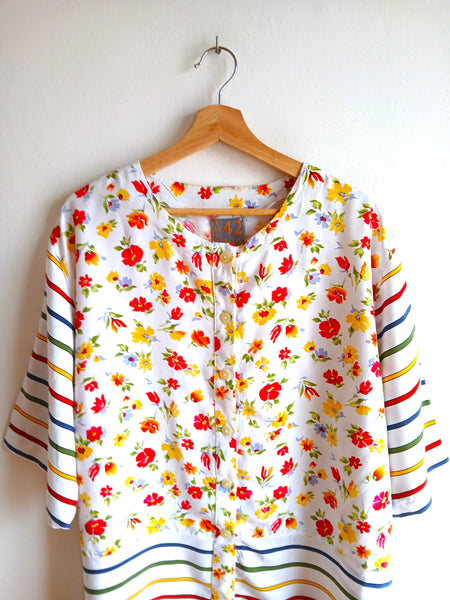 Camisa Vintage Oversized Flores y Rayas