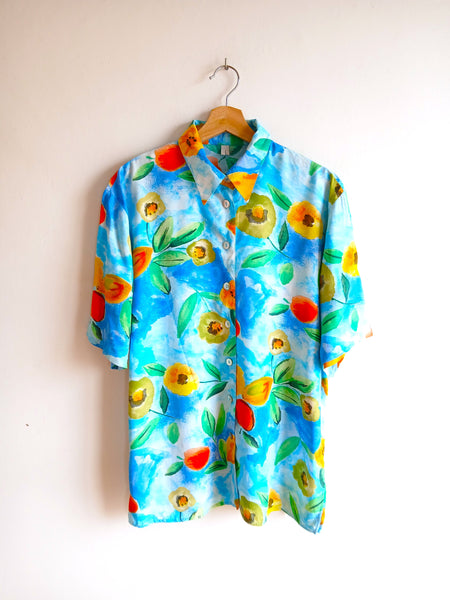 Camisa Vintage Azul Flores Colores