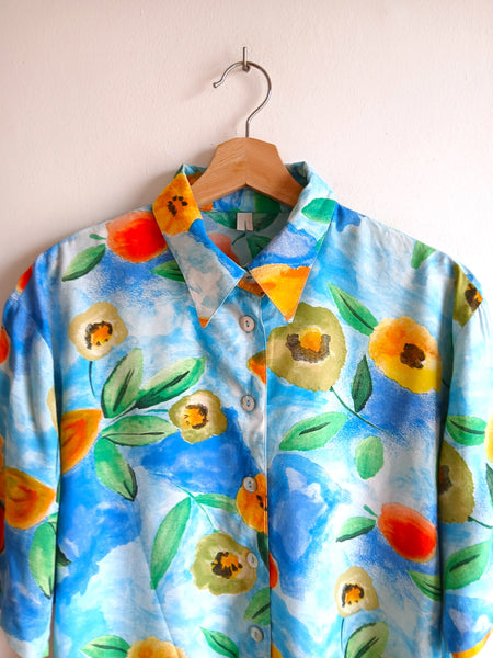 Camisa Vintage Azul Flores Colores