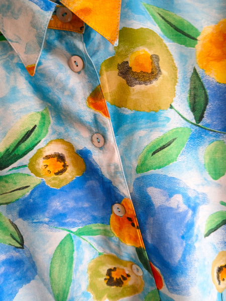 Camisa Vintage Azul Flores Colores