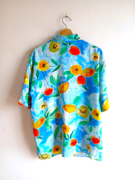 Camisa Vintage Azul Flores Colores