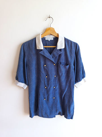 Camisa Vintage 100% Seda Azul Italy