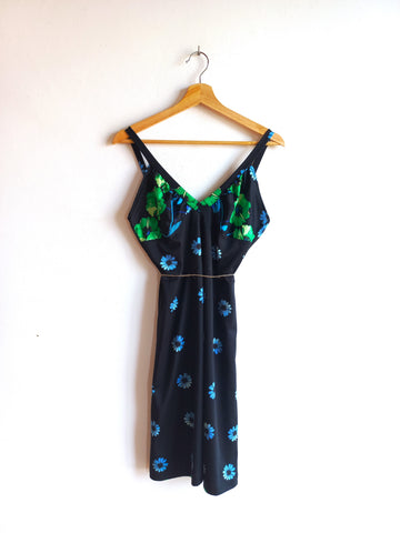 Vestido Vintage Negro Flores Azules Italy