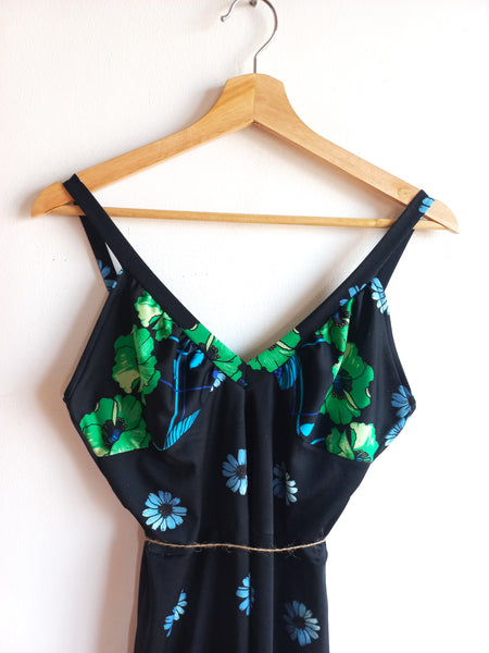 Vestido Vintage Negro Flores Azules Italy