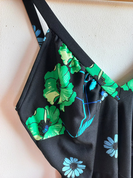Vestido Vintage Negro Flores Azules Italy