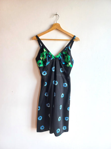 Vestido Vintage Negro Flores Azules Italy
