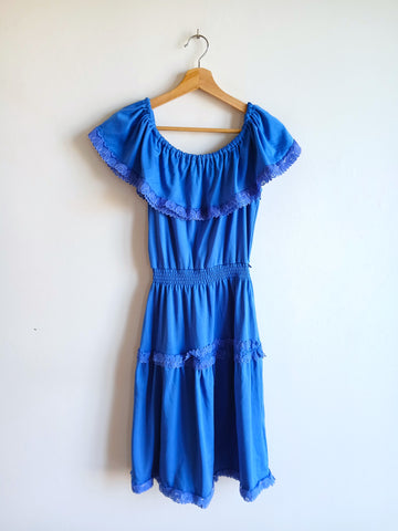 Vestido Vintage Azul Flores Bordadas