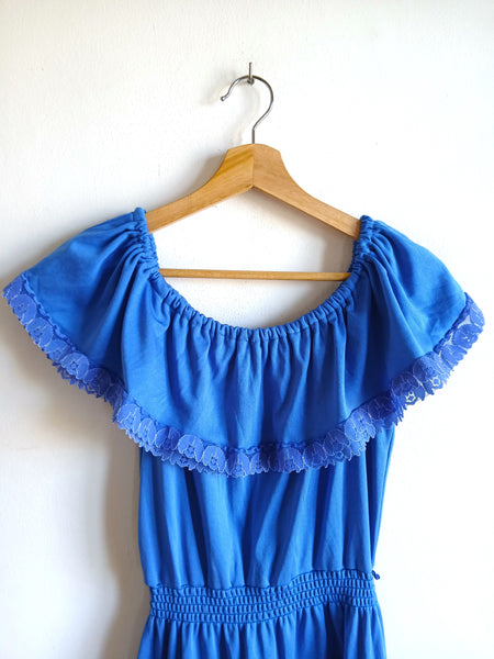 Vestido Vintage Azul Flores Bordadas