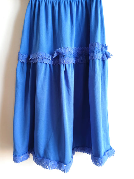 Vestido Vintage Azul Flores Bordadas