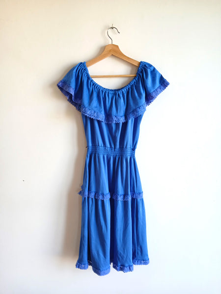 Vestido Vintage Azul Flores Bordadas