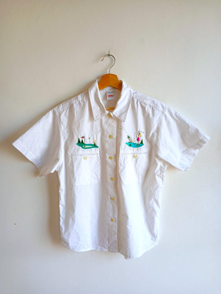 Camisa Vintage Blanca Bordados Chica Golfista