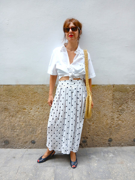 Falda Pantalón Vintage Blanca a Lunares