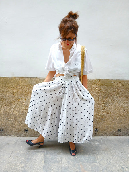 Falda Pantalón Vintage Blanca a Lunares
