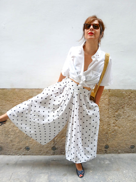 Falda Pantalón Vintage Blanca a Lunares