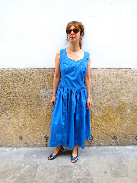 Vestido Vintage Azul Bordados Flores