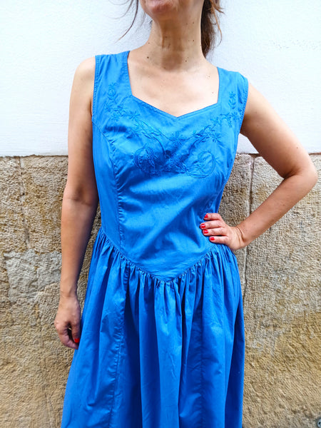 Vestido Vintage Azul Bordados Flores