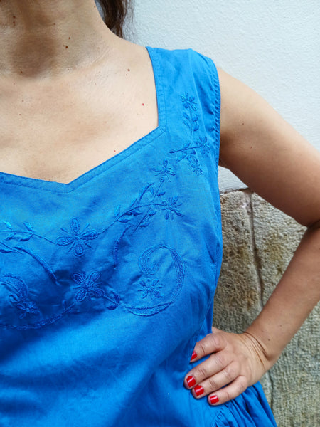 Vestido Vintage Azul Bordados Flores
