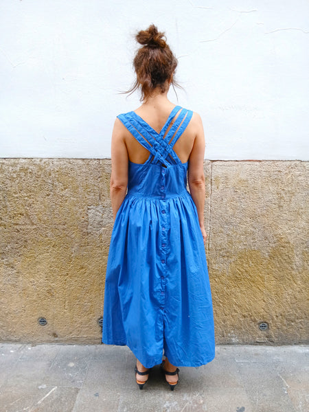 Vestido Vintage Azul Bordados Flores