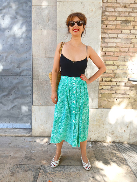 Falda Vintage Hecha a Mano Verde Lunares