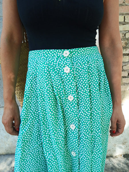 Falda Vintage Hecha a Mano Verde Lunares