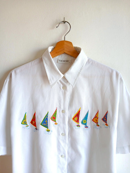 Camisa Vintage Bordados de Barquitos