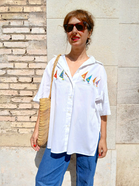 Camisa Vintage Bordados de Barquitos