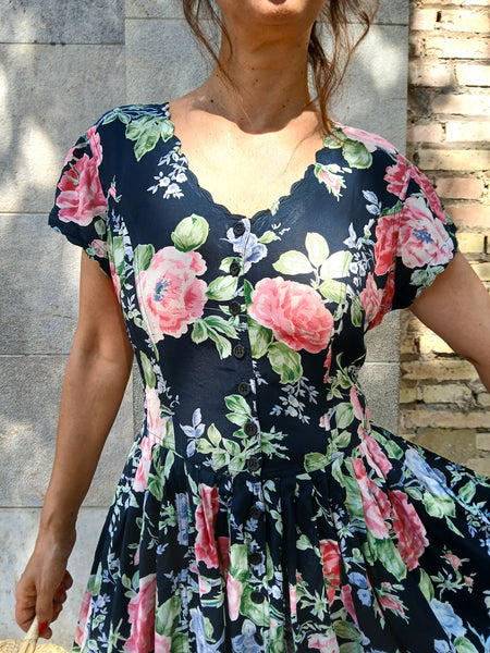 Vestido Vintage Negro Flores