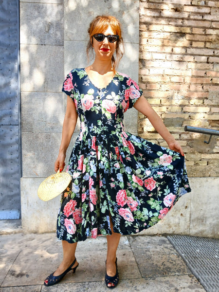Vestido Vintage Negro Flores