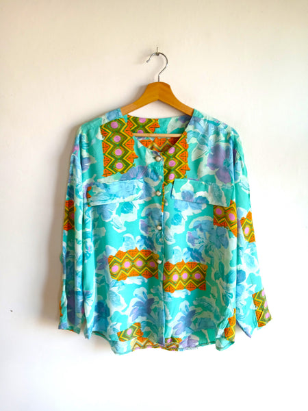 Camisa Vintage Turquesa Estampada