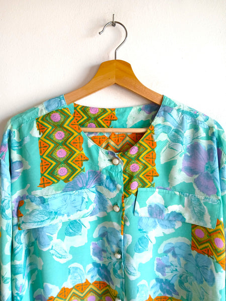 Camisa Vintage Turquesa Estampada