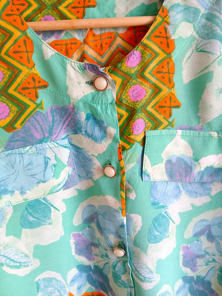 Camisa Vintage Turquesa Estampada