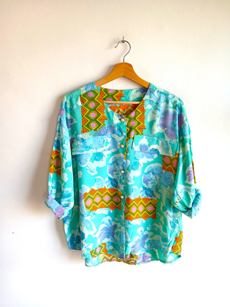 Camisa Vintage Turquesa Estampada