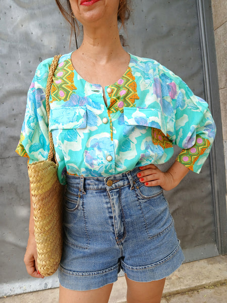 Camisa Vintage Turquesa Estampada