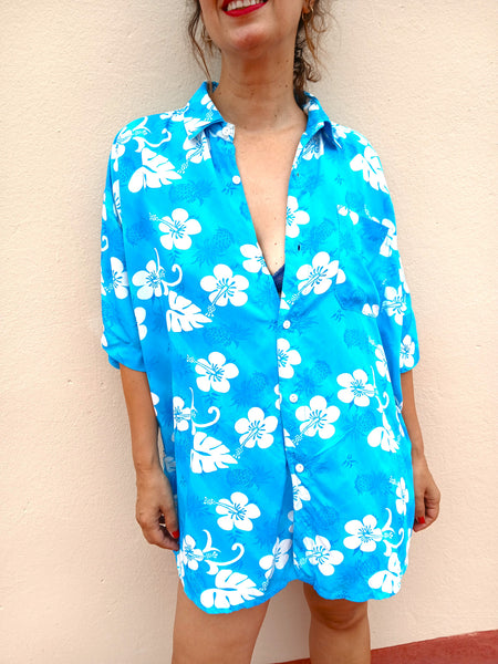 Camisa Vintage Azul Flores