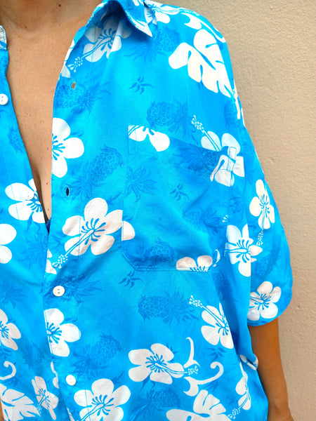 Camisa Vintage Azul Flores