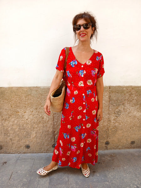 Vestido Vintage Rojo Flores L