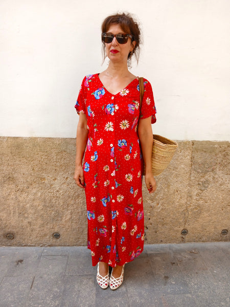 Vestido Vintage Rojo Flores L