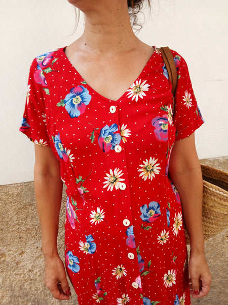 Vestido Vintage Rojo Flores L