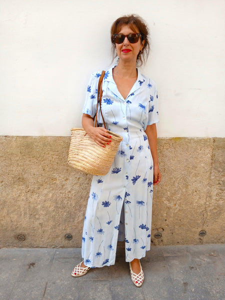 Vestido Vintage Azul Clarito Flores ML