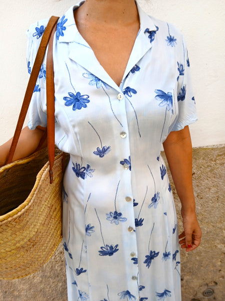 Vestido Vintage Azul Clarito Flores ML