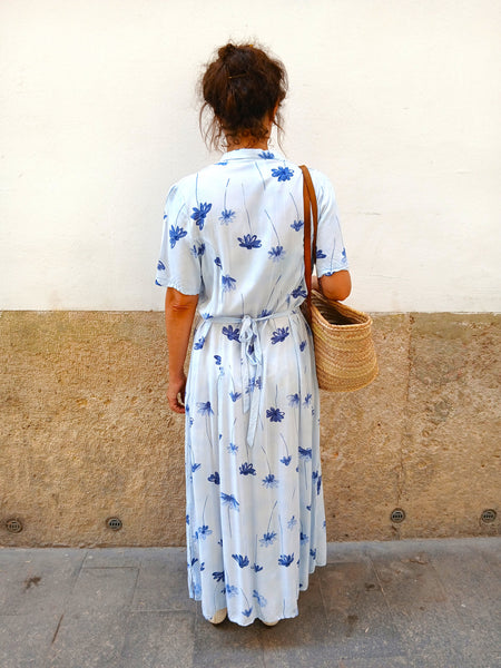 Vestido Vintage Azul Clarito Flores ML