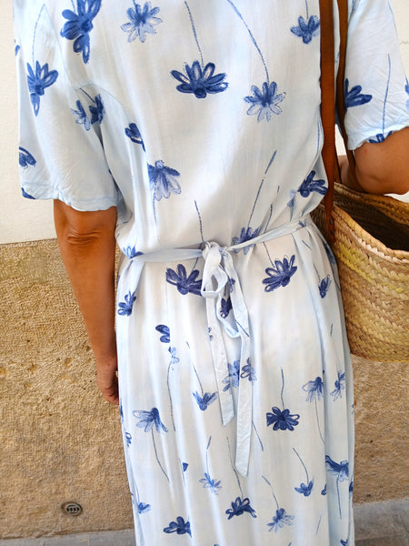 Vestido Vintage Azul Clarito Flores ML
