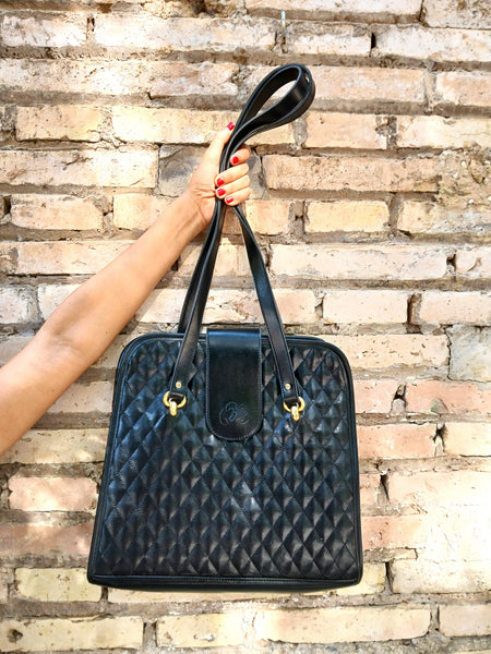 Bolso Vintage Negro Piel Cosida Rombos