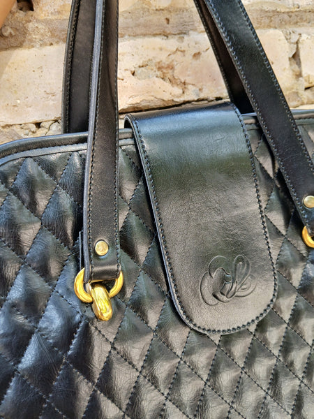 Bolso Vintage Negro Piel Cosida Rombos