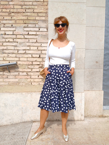 Falda Pantalón Vintage Azul Marino Lunares Blancos - Talla S/M