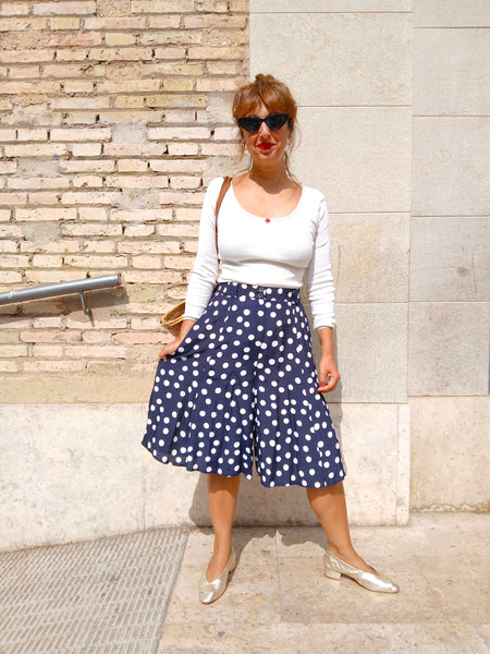 Falda Pantalón Vintage Azul Marino Lunares Blancos - Talla S/M