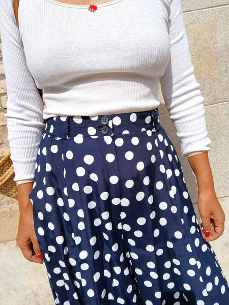 Falda Pantalón Vintage Azul Marino Lunares Blancos - Talla S/M