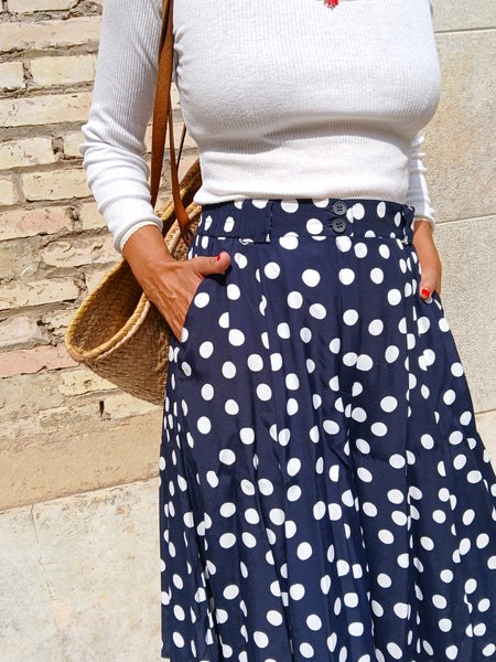 Falda Pantalón Vintage Azul Marino Lunares Blancos - Talla S/M