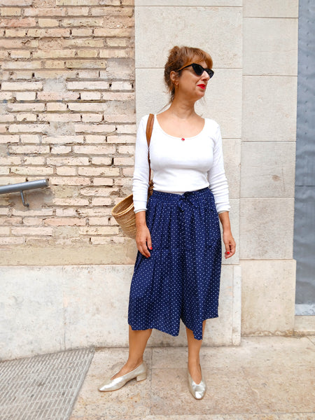 Falda Pantalón Vintage Azul Marino Lunares - Talla S/M/L