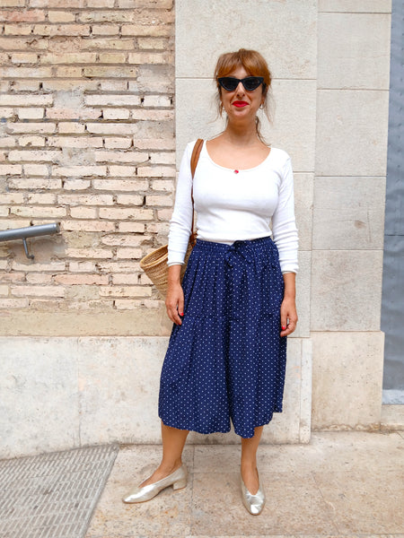 Falda Pantalón Vintage Azul Marino Lunares - Talla S/M/L